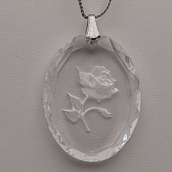 Vintage Reverse Intaglio Rose Crystal Pendant Necklace, Sterling Silver - Picture 9 of 9